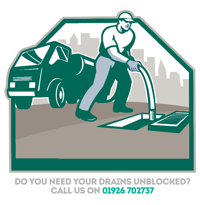 engineer at work clearing a drain with a message to call the number 01926 702 737